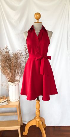 "*DHL shipping upgrade is available at check out process. Shipping part by DHL will take 3-6 days only. Production time may take around 2-3 weeks. If this is in rush you can convo us to make it sooner.:) *Cap sleeve option is available. Please check last image of cap Sleeve style* Shirt dress in red color. Perfect for both casual look and formal working look or for a party. There's side zipper and front button. Waist sash is included. The dress has lining at skirt. It's classy elegant design tha Christmas Clothing, Waist Sash, Red Vintage, Modern Dress, Retro Modern, Casual Look, Dress Clothes For Women, Hip Length, Red Christmas