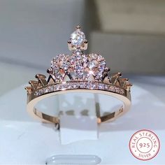 925 Silver Princess Crown Ring In Rose Gold With Simulated Stones. Size 7, 8 Rose Gold Quincea Crown, Promise Rings Princess Crown, Pandora Crown Ring Rose Gold, Princess Crown Ring Pandora, Princess Crown Wedding Rings, Repunzel Crown Ring, Rose Gold Crown Ring, Gold Crown Ring, Princess Crown Ring