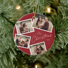 a christmas ornament hanging on a tree with four photos in the center and words saying, caring our bleedings