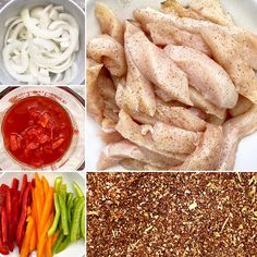 several different types of food including peppers, chicken and seasoning are shown in this collage