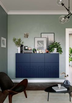 a living room filled with furniture and plants on top of a wooden table in front of a blue cabinet