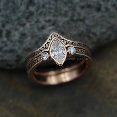 Diamond Rose Gold Hand Made Vintage Engagement Ring Set - Marquise Ring - Leaf Vintage Engagement Ring Settings, Ring Rosegold, Leaf Engagement Ring, Antique Engagement Ring, Marquise Ring, Engagement Rings Marquise, Vintage Engagement Ring, Dream Engagement Rings, Gold Hand