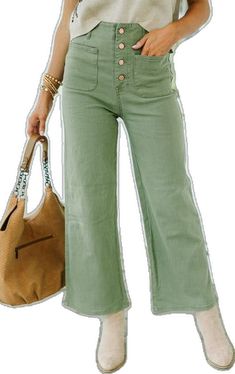 Green Wide Leg Jeans For Fall, Chic Non-stretch Jeans With Pockets, Non-stretch Solid Color Wide Leg Pants For Fall, Versatile High Waist Flare Jeans With Pockets, Trendy Wide Leg Flare Jeans For Fall, Trendy Solid Color Jeans, Mid-rise Button Closure Flare Jeans For Fall, Trendy Non-stretch Wide Leg Pants, Mid-rise Flare Jeans With Button Closure For Fall