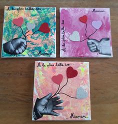 three cards with hand and hearts on them