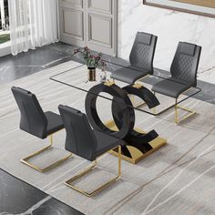 a glass table with chairs around it on a rug in front of a white wall