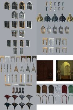 several different types of windows and doors in various shapes, sizes, and colors are shown