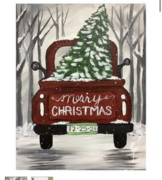 a painting of a red truck with a christmas tree on it's back in the snow