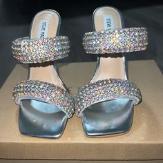 Steve Madden Rhinestone Heels | Never Worn | Size 5.5 | Silver Open Toe Synthetic Heels With Bling, Bling Open Toe Synthetic Heels, Bling Synthetic Open Toe Heels, Crystal High Heels For Night Out, Bedazzled Crystal High Heels, Crystal High Heels With Bling, Evening Synthetic Heels With Bling, High Heels With Rhinestones And Crystal Material, Crystal High Heels With Rhinestones