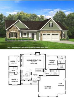 two story house plans with garage and living room on the first floor is shown in this image