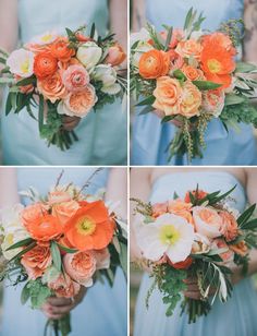 the bridesmaids are holding their bouquets with orange and white flowers