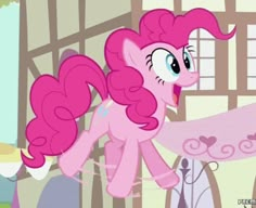 the pinkie pony is standing in front of a window with her hair blowing back