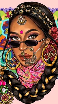 a drawing of a woman with braids and jewelry on her face, wearing black sunglasses