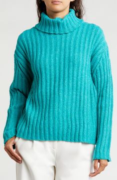 Thick ribbing texturizes this cozy sweater that's a comfy go-to for staying warm when the temp drops. Turtleneck Long sleeves 100% polyester Hand wash, dry flat Imported Casual Long Sleeve Textured Sweater, Casual Textured Long Sleeve Sweater, Textured Long Sleeve Sweater For Layering, Textured Crew Neck Tops For Winter, Textured Crew Neck Sweater For Fall, Textured Crew Neck Fall Sweater, Relaxed Fit Knit Sweater With Funnel Neck, Casual Textured Winter Top, Casual Textured Sweater For Fall