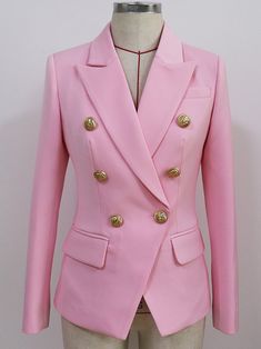 Fabric / Material: Cotton, Polyester Notched Collar Long Sleeves Double Breasted Fully Lined Metal Buttons Our Style No. ZC_170590 Double Blazer, Blazer Rose, Bianca Jagger, Classic Clothes, Blazer Designs, England Fashion, Korean Fashion Women, Pink Blazer, Double Breasted Jacket