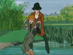 an animated image of two people standing in front of a pond, one holding the other's hand