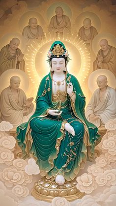 the buddha statue is sitting in front of many other statues, all dressed in green and gold