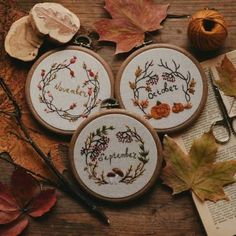 three cross stitch hoops sitting on top of a wooden table next to autumn leaves