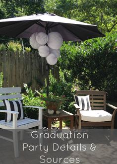 an umbrella and chairs on a patio with text overlay that reads graduation party details & sources