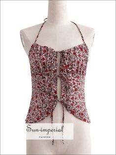 Women Floral Print Halter Camisole top with front Lace detail Bohemian Style Summer Red Cotton Halter Top, Red Cotton Halter Top For Summer, Red Halter Neck Summer Top, Chic Pattern, Halter Neck, Lace Detail, Lace Front, Woven Fabric, Short Outfits