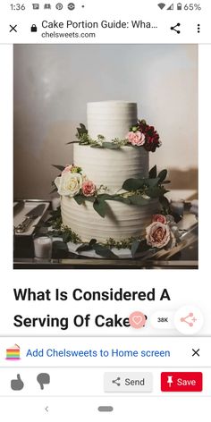 a white cake with flowers on it and the words what is considered a serving of cake