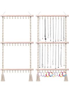 two wooden shelves with necklaces hanging from them