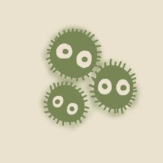 three green spiky gears on a light gray background with white circles in the center