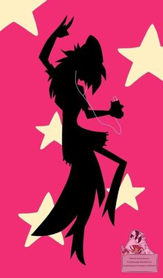 the silhouette of a woman dancing with headphones in her hand and stars around her