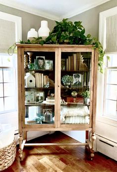 an old china cabinet with plants and pictures on it's glass doors in a living room