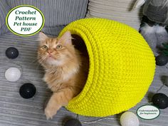 an orange cat sitting in a yellow crochet pet house next to some balls