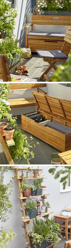 an outdoor garden with wooden planters and potted plants