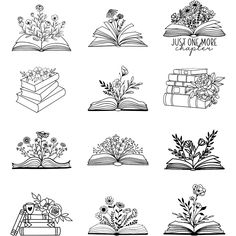 an image of books with flowers and plants on them, set of nine hand drawn illustrations