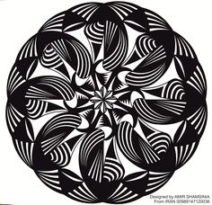 a black and white circular design with leaves