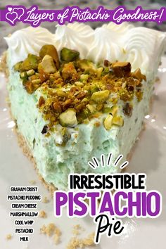 a piece of pistachio pie on a white plate with the words, layers of potato goodness