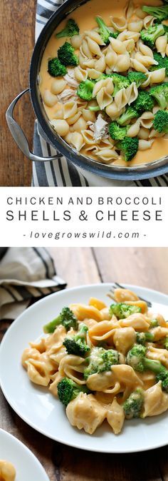 chicken and broccoli shells and cheese in a skillet on a wooden table