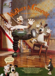 the movie poster for wallace and gromie, featuring two cartoon characters sitting in chairs