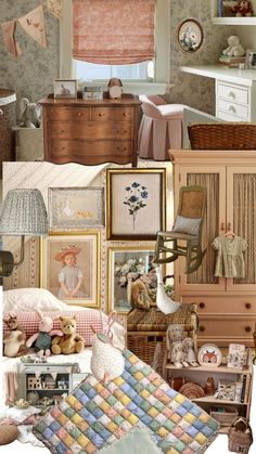 a collage of pictures with teddy bears and other items in them, including an old dresser