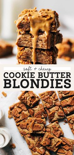 cookie butter blondies stacked on top of each other with the title in the middle