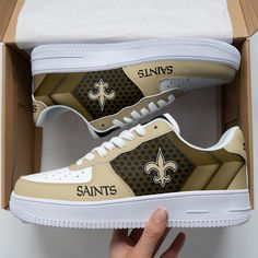 New Orleans Saints Af1 Shoes 228 Lightweight construction with breathable mesh fabric provides a comfortable and flawless fit. Af1 Shoes, Expressive Fashion, Shoe Gifts, New Orleans Saints, Latest Shoes, Classic Silhouette, Black Laces, Dinosaur Print, Mesh Fabric