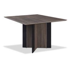 the square table is made out of wood and has black metal trimmings on it