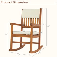 a wooden rocking chair with measurements for the seat and back cushions on it's sides