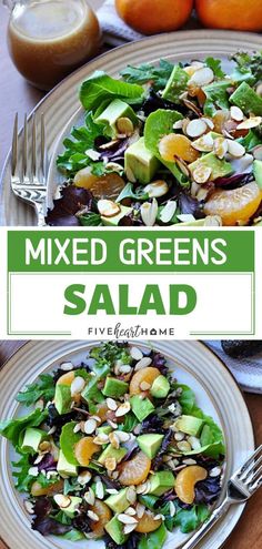 mixed greens salad with oranges, avocado and almonds on the side