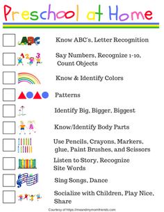 the preschool at home checklist with numbers and colors