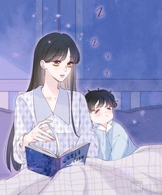 a woman reading to a child in bed