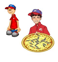 a boy sitting in front of a pizza and another kid standing next to him holding a plate with fish on it