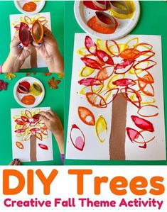 kids are making autumn tree crafts with paper plates