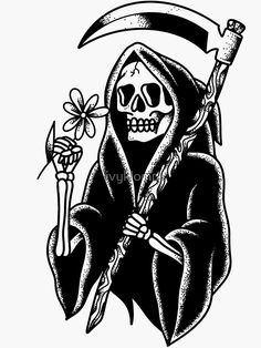 a black and white drawing of a grim skeleton holding a sculler with a flower