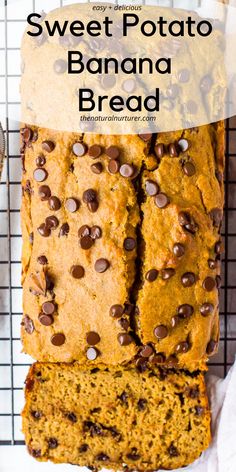 a loaf of sweet potato banana bread with chocolate chips on top and text overlay