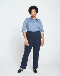 Long Cigarette Ponte Pants - Navy | Universal Standard Navy Straight Leg Dress Pants For Work, Navy Tapered Leg Workwear Pants, Navy Tapered Leg Pants For Work, Navy Straight Chinos For Business Casual, Navy Pants With Welt Pockets For Workwear, Navy Relaxed Fit Bottoms For Workwear, Classic Navy Dress Pants For Work, Fitted Navy Chinos For Workwear, Navy Fitted Chinos For Workwear