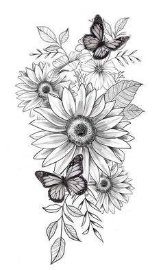 sunflower and butterflies tattoo design