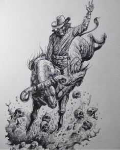 a drawing of a cowboy riding a bucking bronco with skulls on the ground